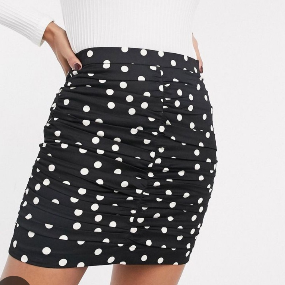 Black Polka Dot Ruched Mini Skirt